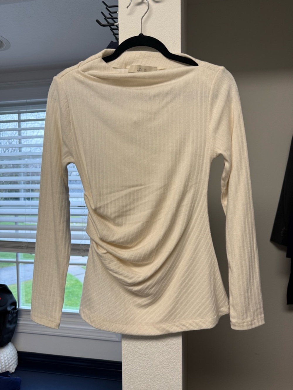 NWT LOFT Cream Long-Sleeve Draped Ribbed Top